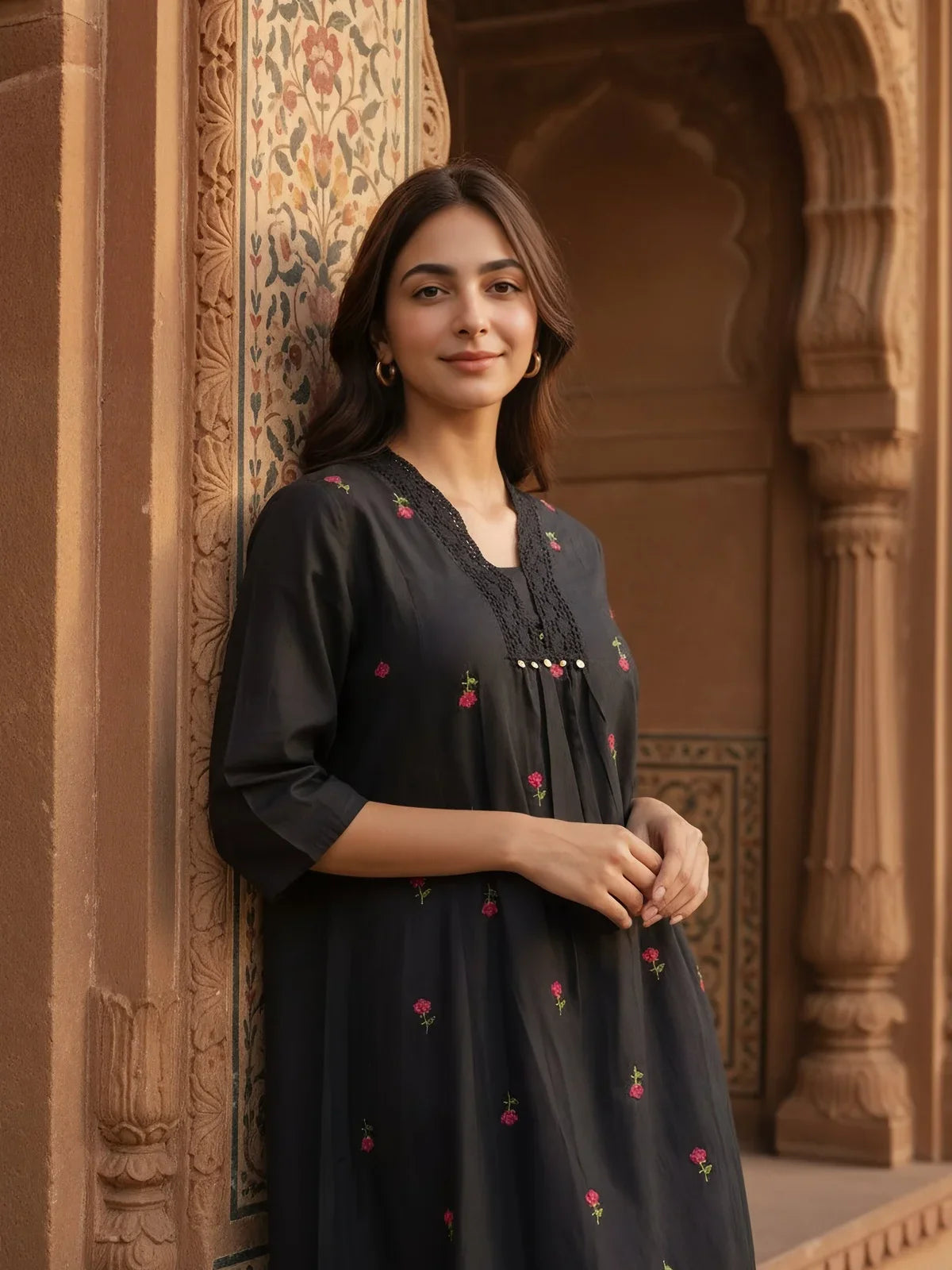 Buy Cotton Flex Embroidered Flared Calf Length Dress-Black