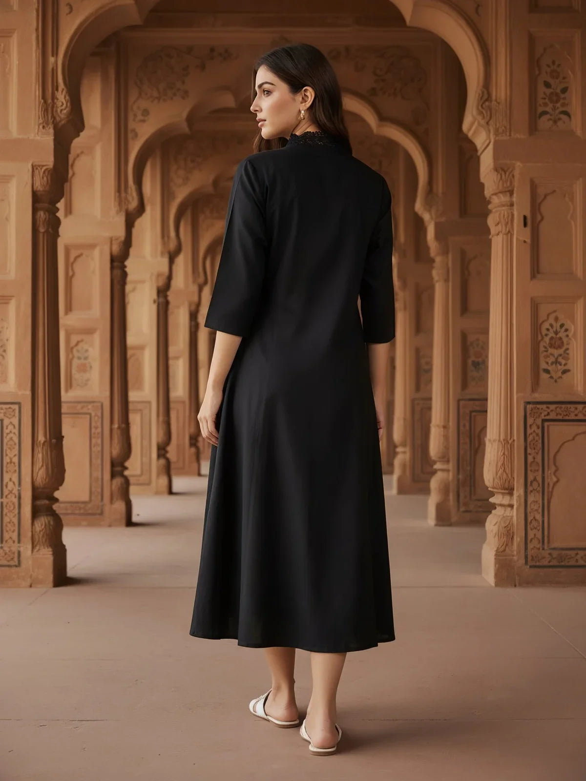 Buy Cotton Flex Embroidered Flared Calf Length Dress-Black