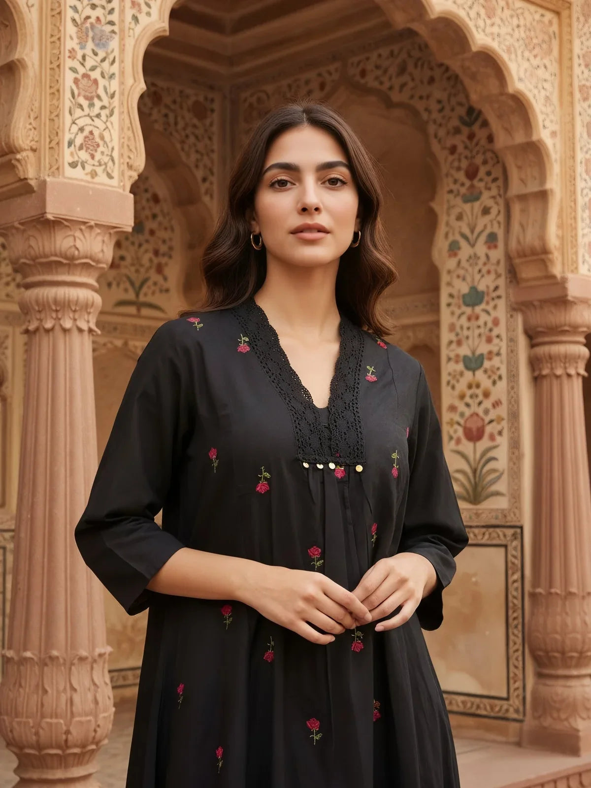 Buy Cotton Flex Embroidered Flared Calf Length Dress-Black