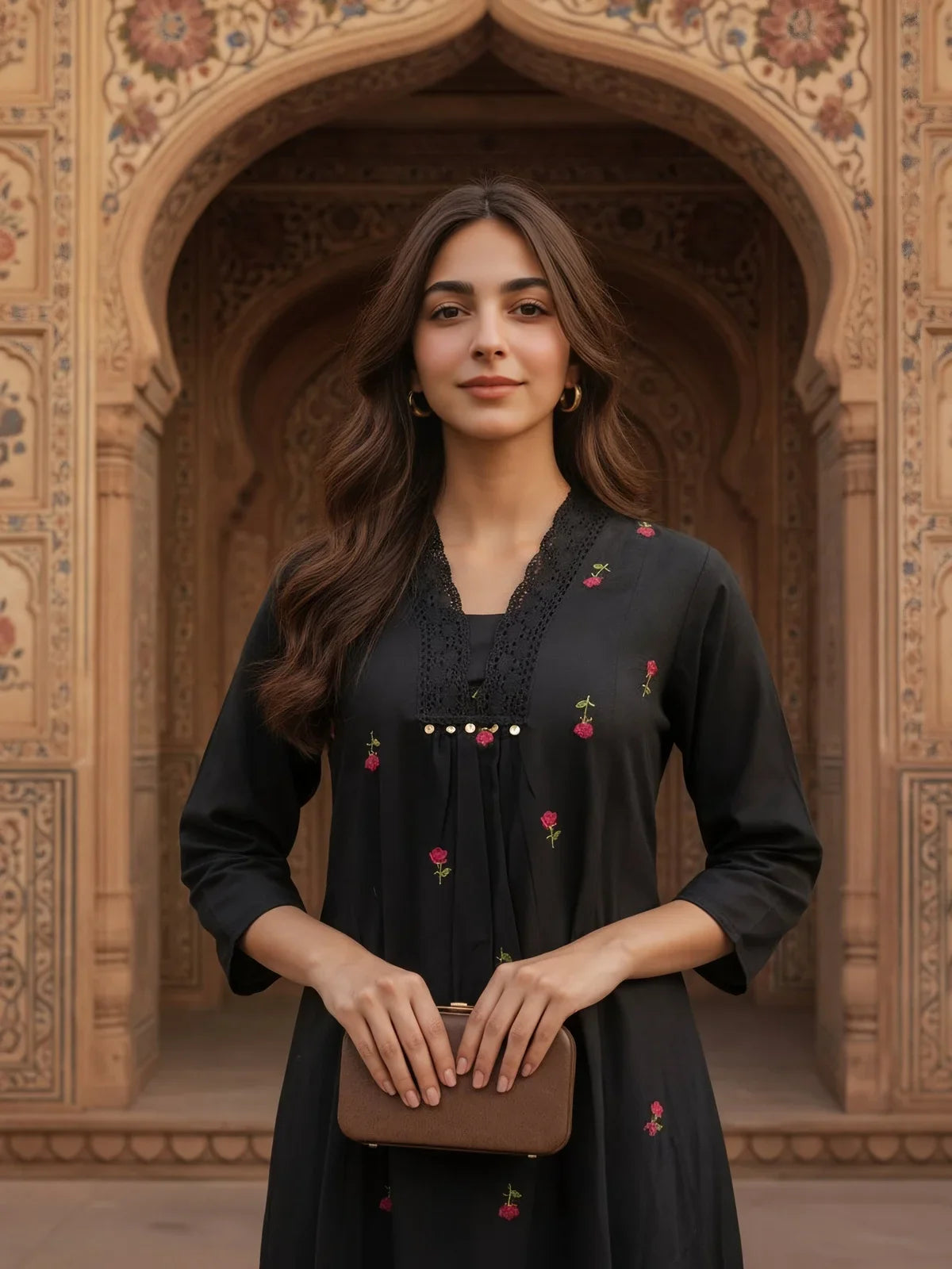 Buy Cotton Flex Embroidered Flared Calf Length Dress-Black