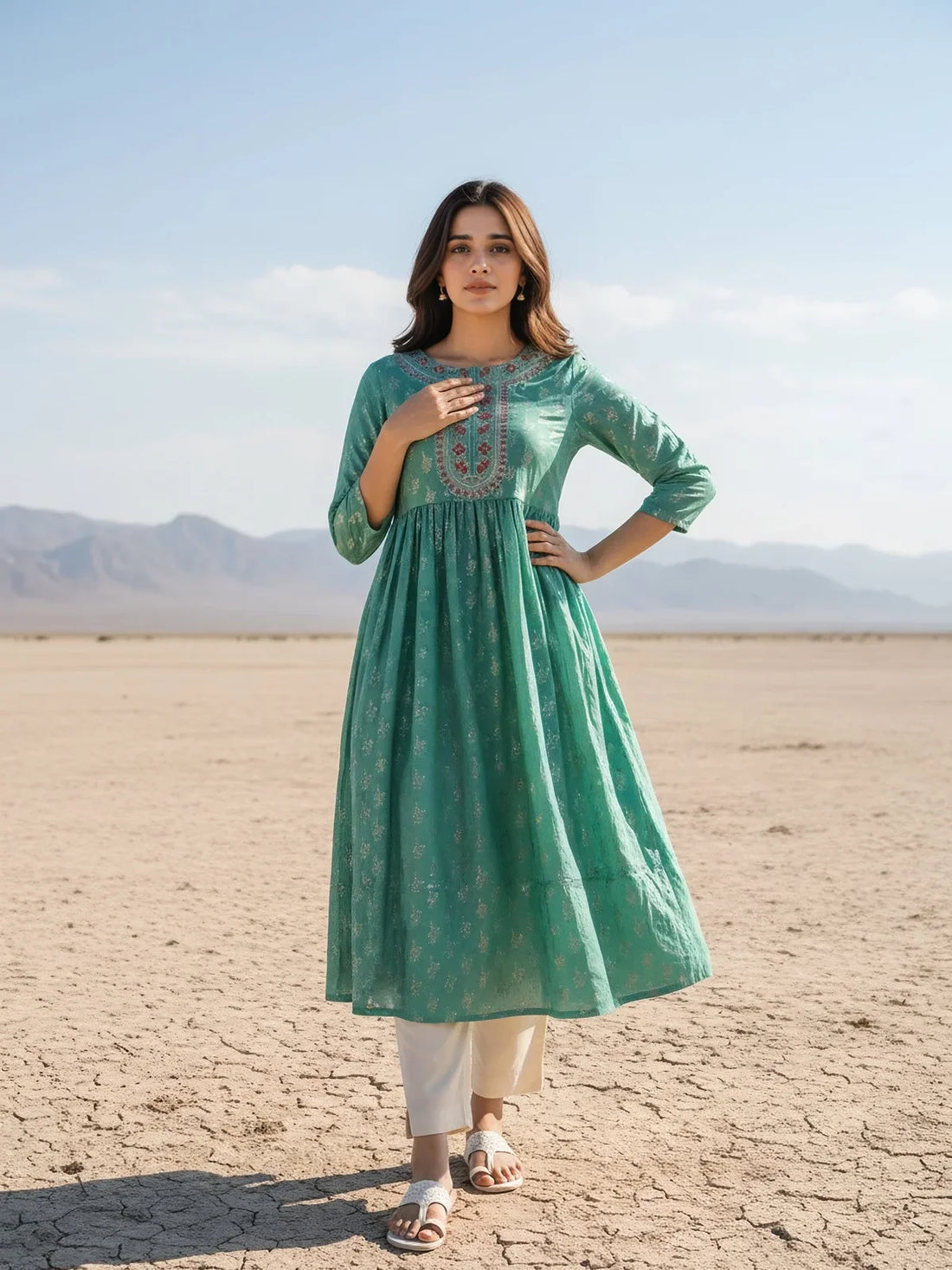 Buy Chanderi Embroidered Anarkali Calf Length Kurta-Sea Green