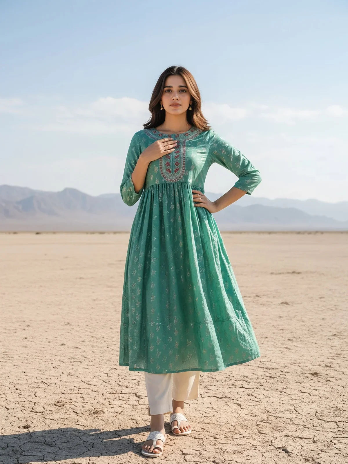 Buy Chanderi Embroidered Anarkali Calf Length Kurta-Sea Green