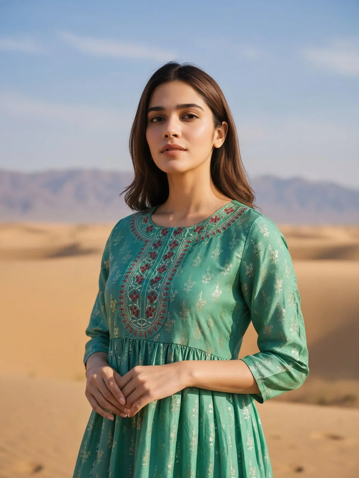 Buy Chanderi Embroidered Anarkali Calf Length Kurta-Sea Green