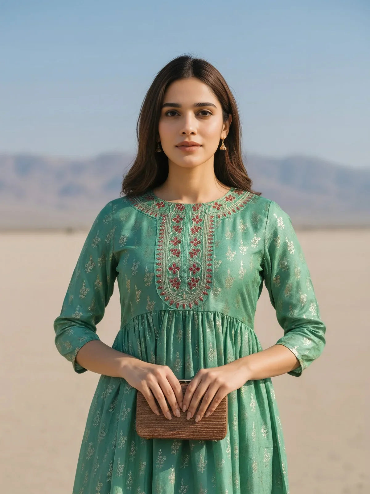 Buy Chanderi Embroidered Anarkali Calf Length Kurta-Sea Green