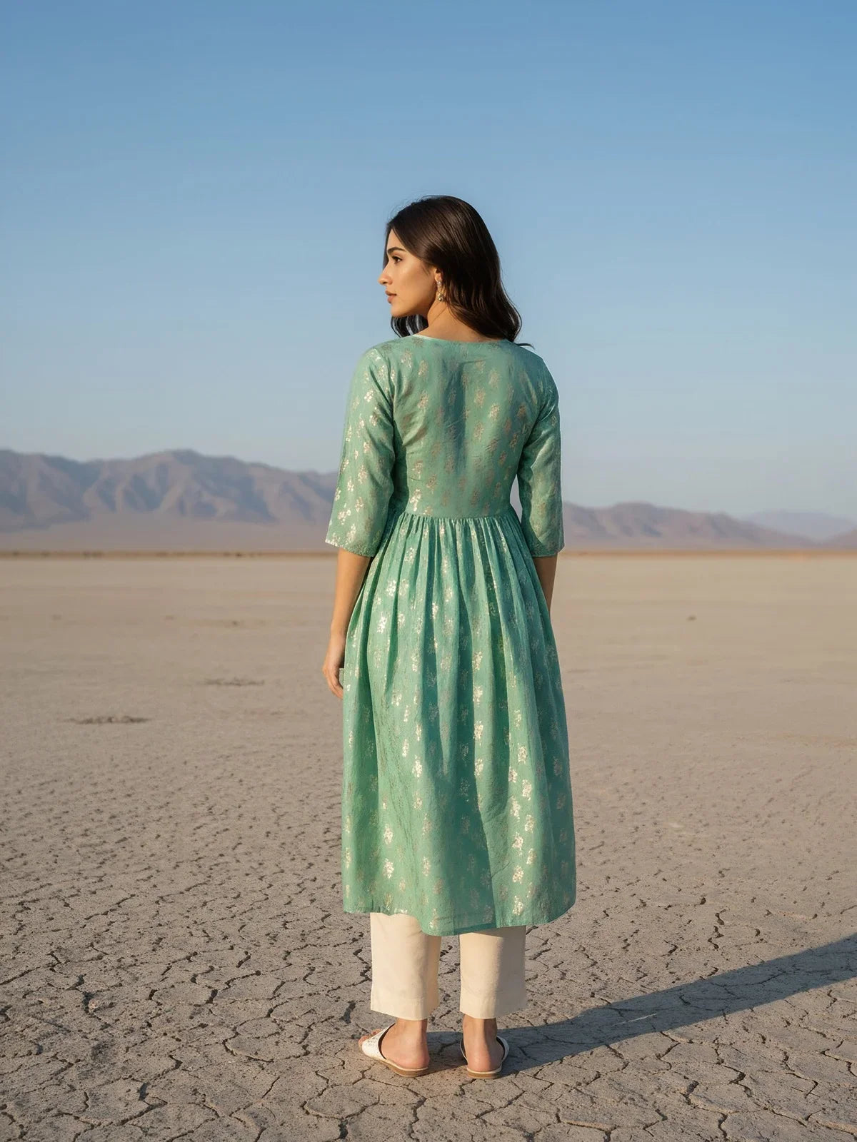 Buy Chanderi Embroidered Anarkali Calf Length Kurta-Sea Green