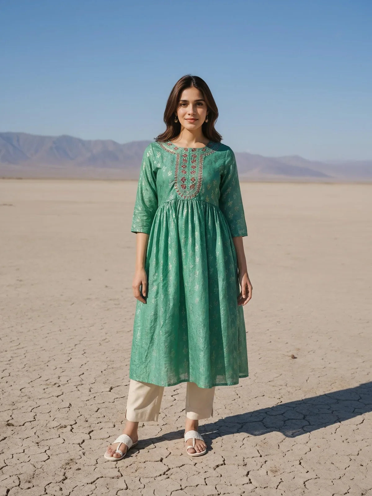 Buy Chanderi Embroidered Anarkali Calf Length Kurta-Sea Green