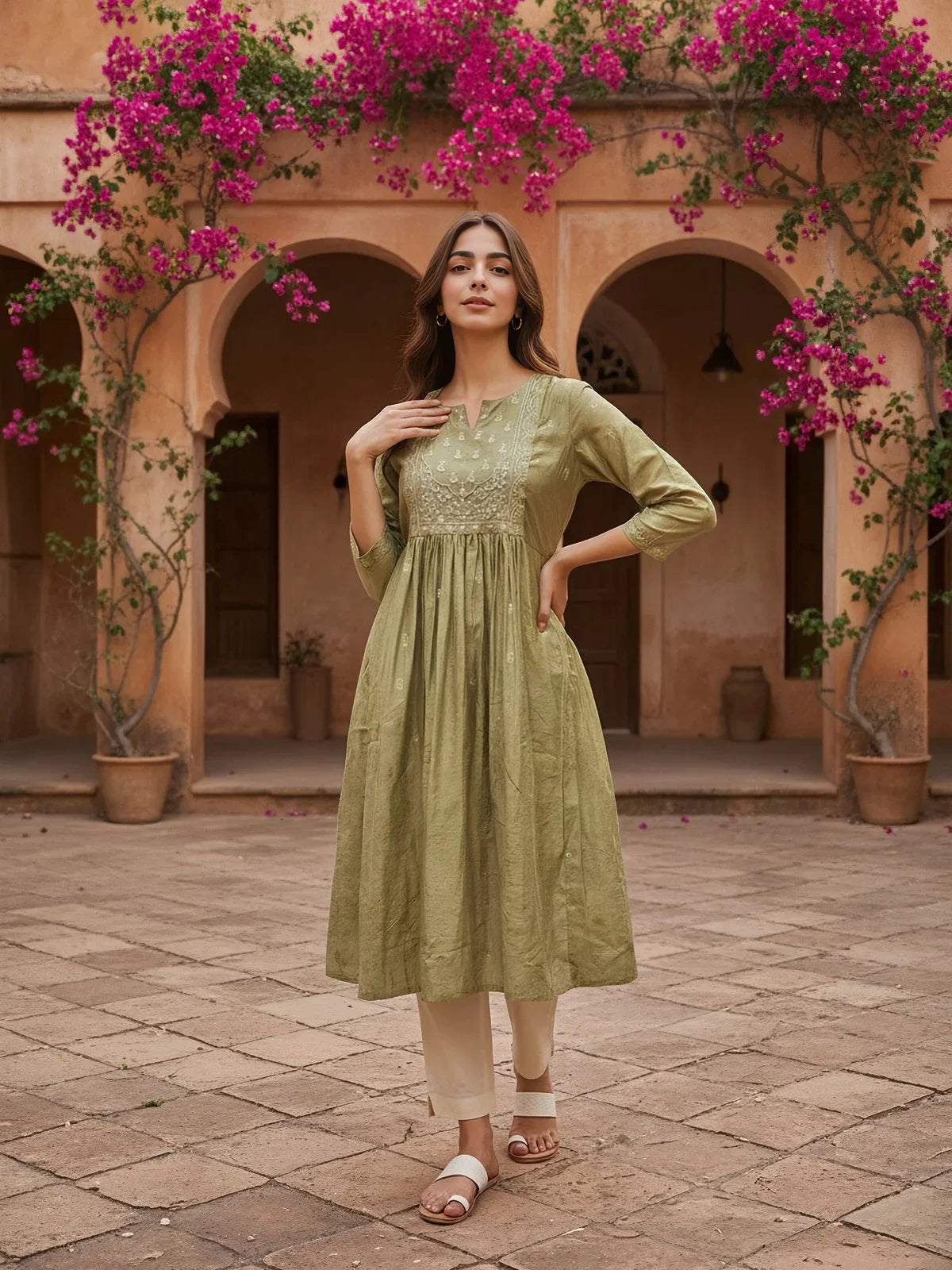 Buy Chanderi Embroidered Anarkali Calf Length Kurta-Green
