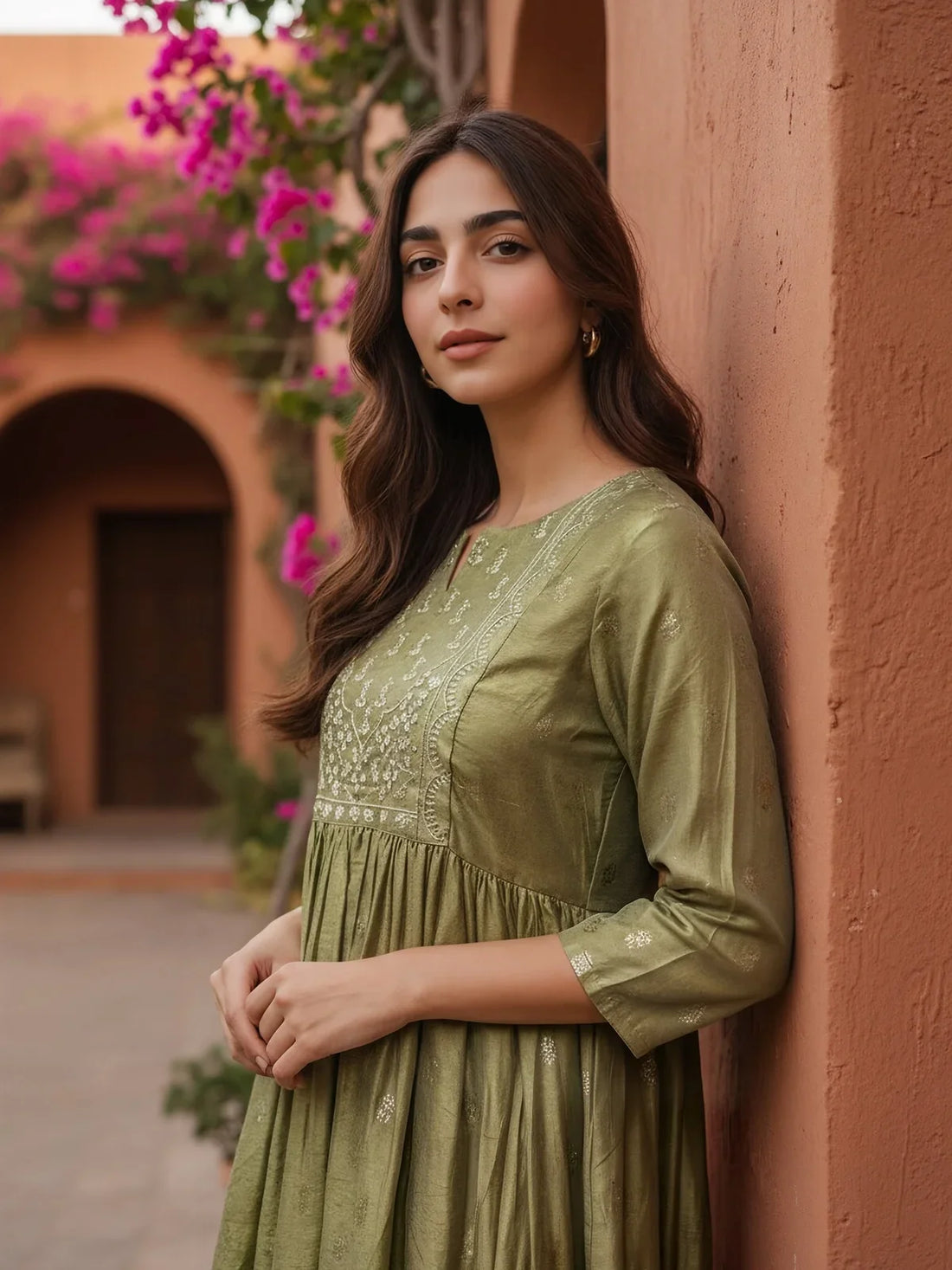 Buy Chanderi Embroidered Anarkali Calf Length Kurta-Green