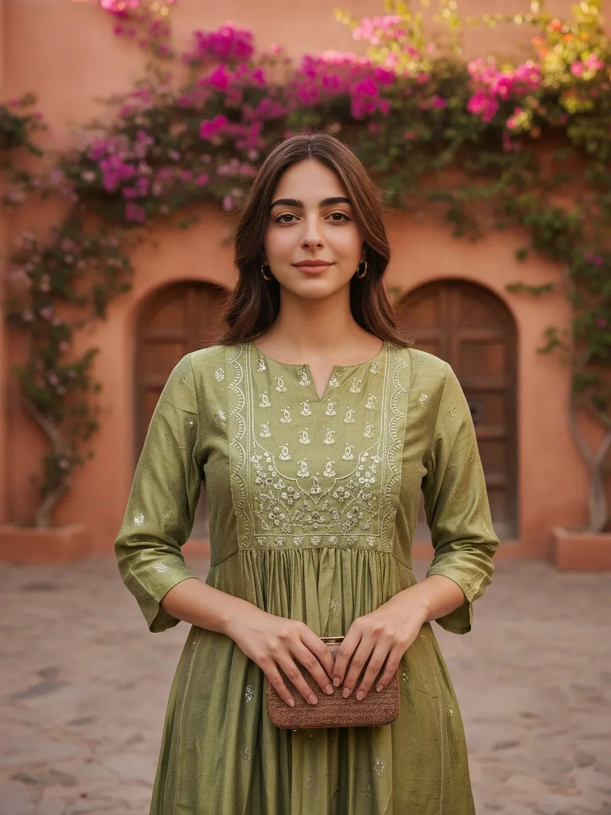 Buy Chanderi Embroidered Anarkali Calf Length Kurta-Green