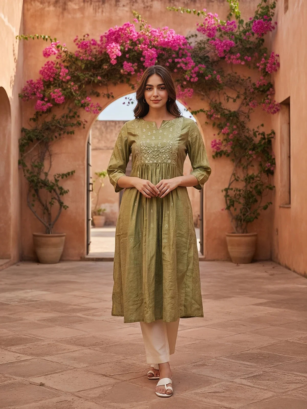 Buy Chanderi Embroidered Anarkali Calf Length Kurta-Green