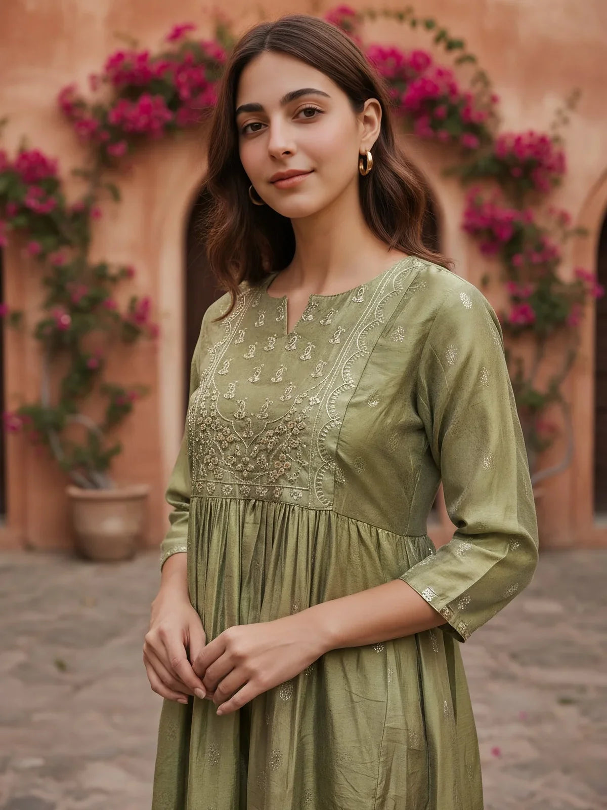 Buy Chanderi Embroidered Anarkali Calf Length Kurta-Green