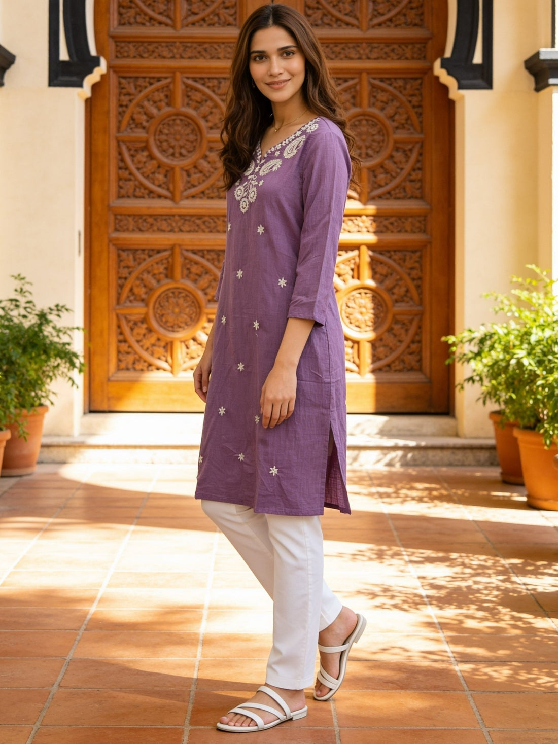 Buy Cotton Embroidered Straight Calf Length Kurta-Lavender