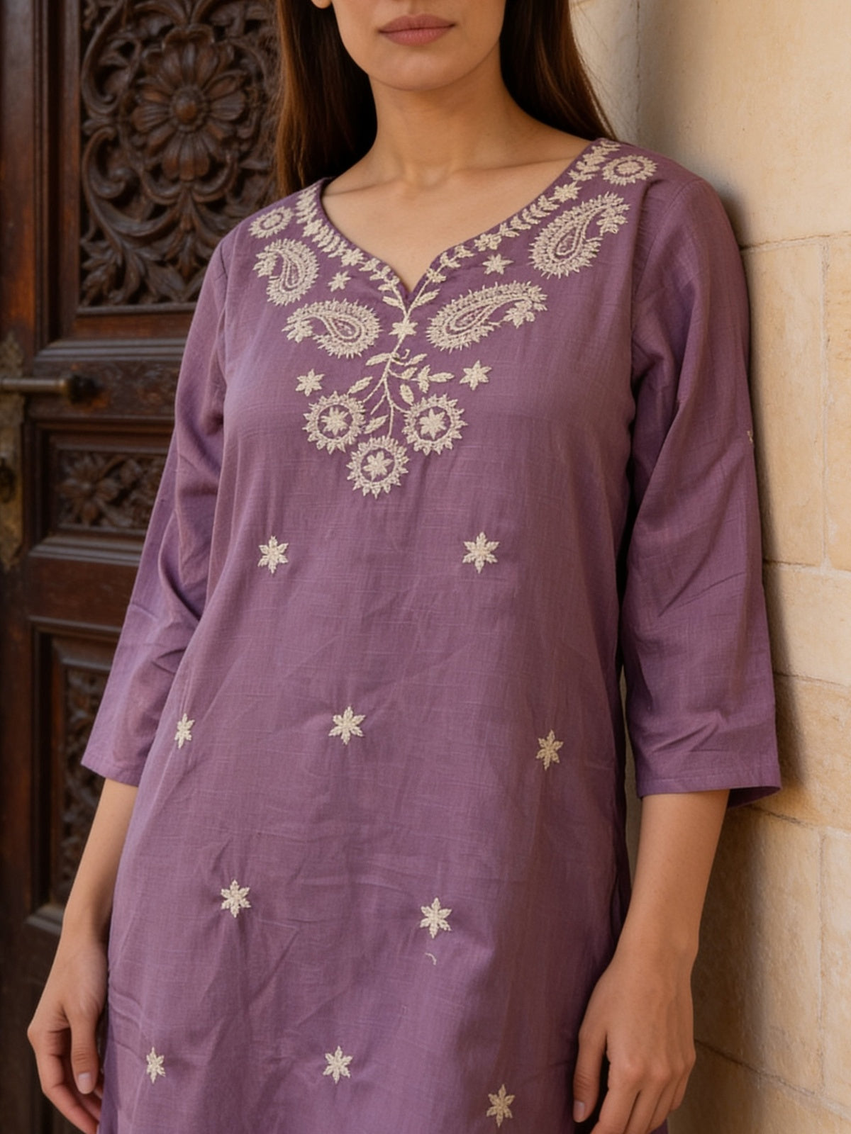 Buy Cotton Embroidered Straight Calf Length Kurta-Lavender