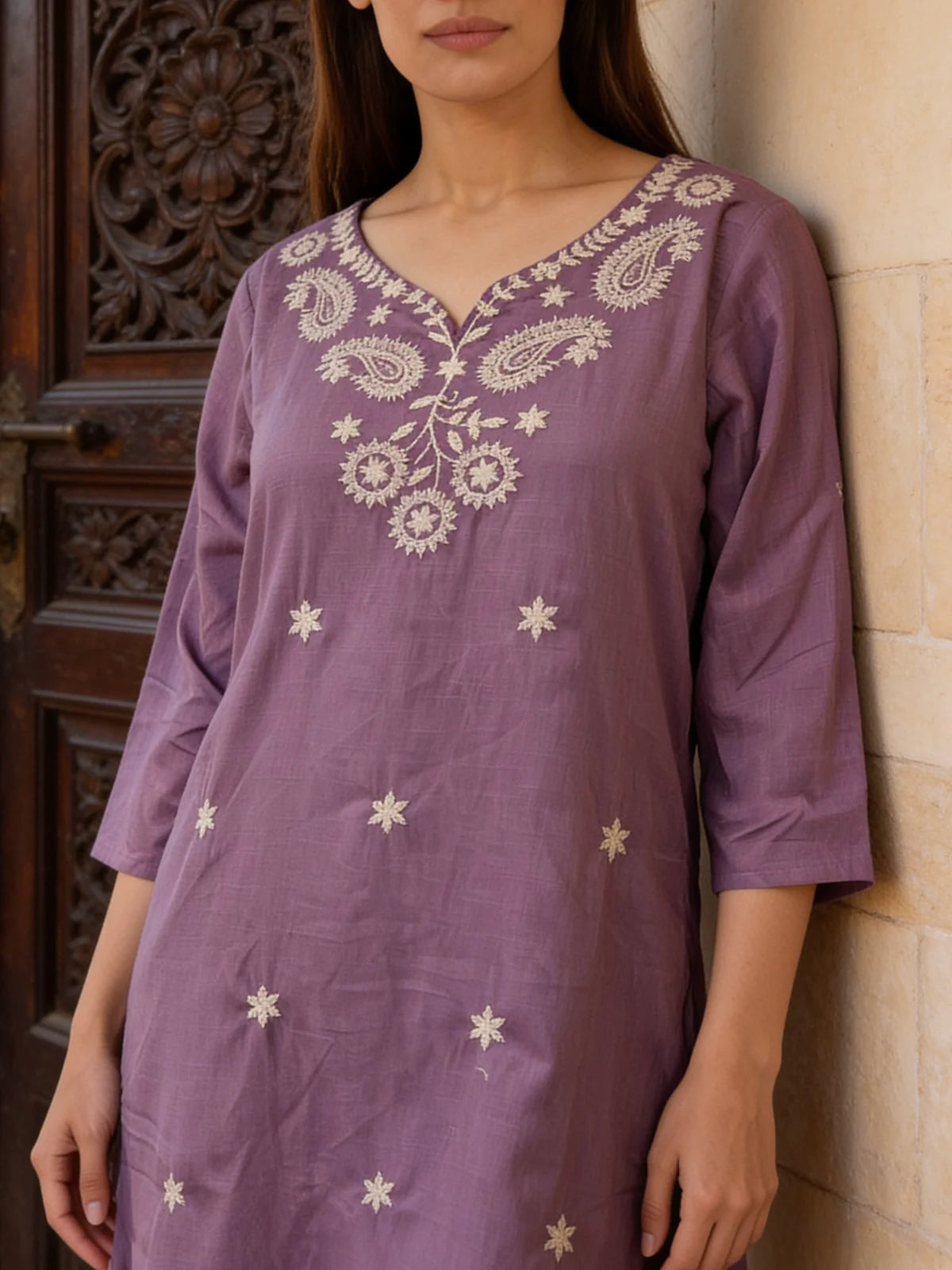 Buy Cotton Embroidered Straight Calf Length Kurta-Lavender