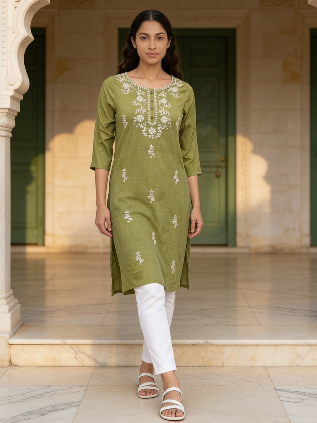 Buy Cotton Embroidered Straight Calf Length Kurta-Olive