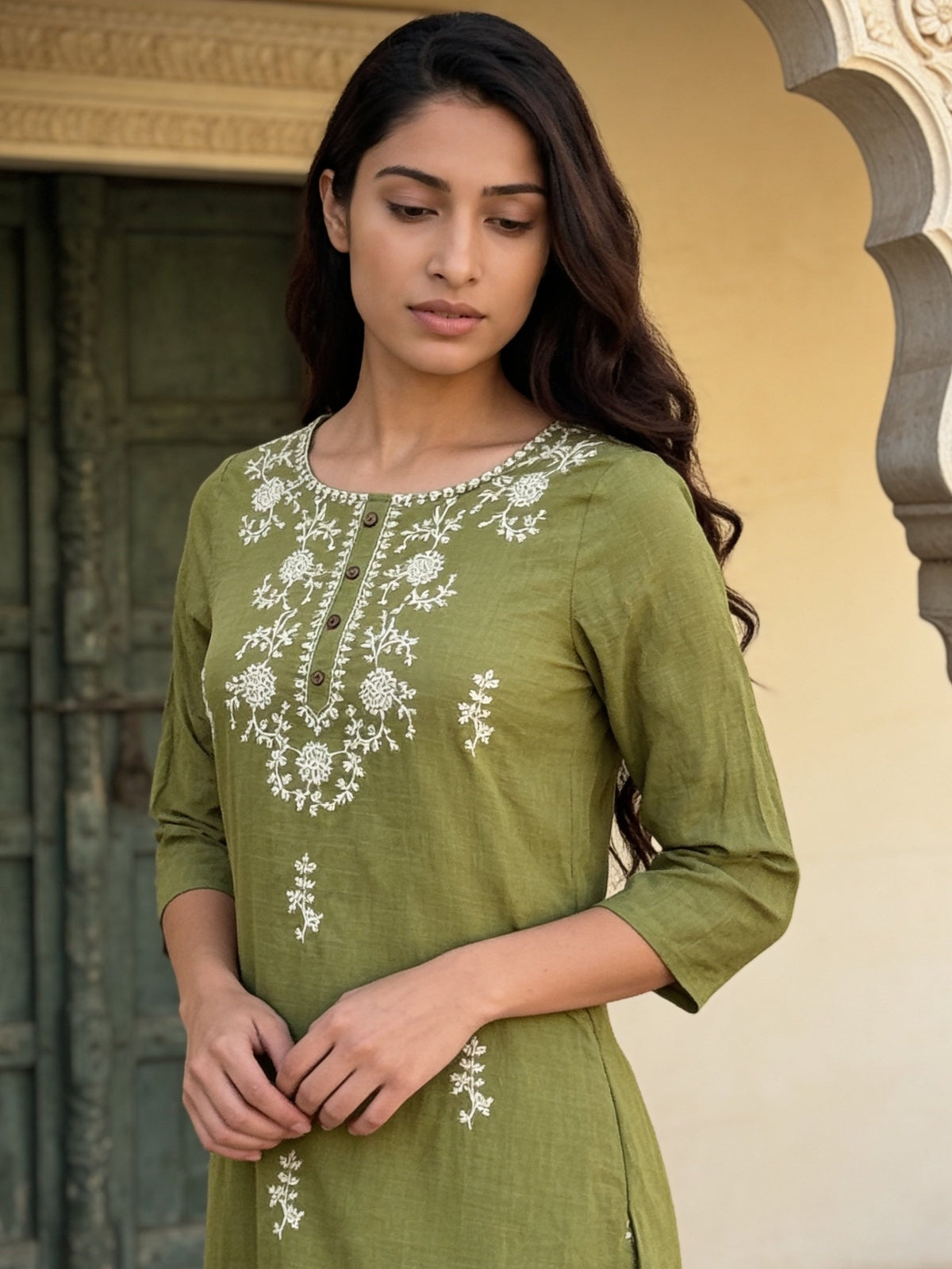 Buy Cotton Embroidered Straight Calf Length Kurta-Olive