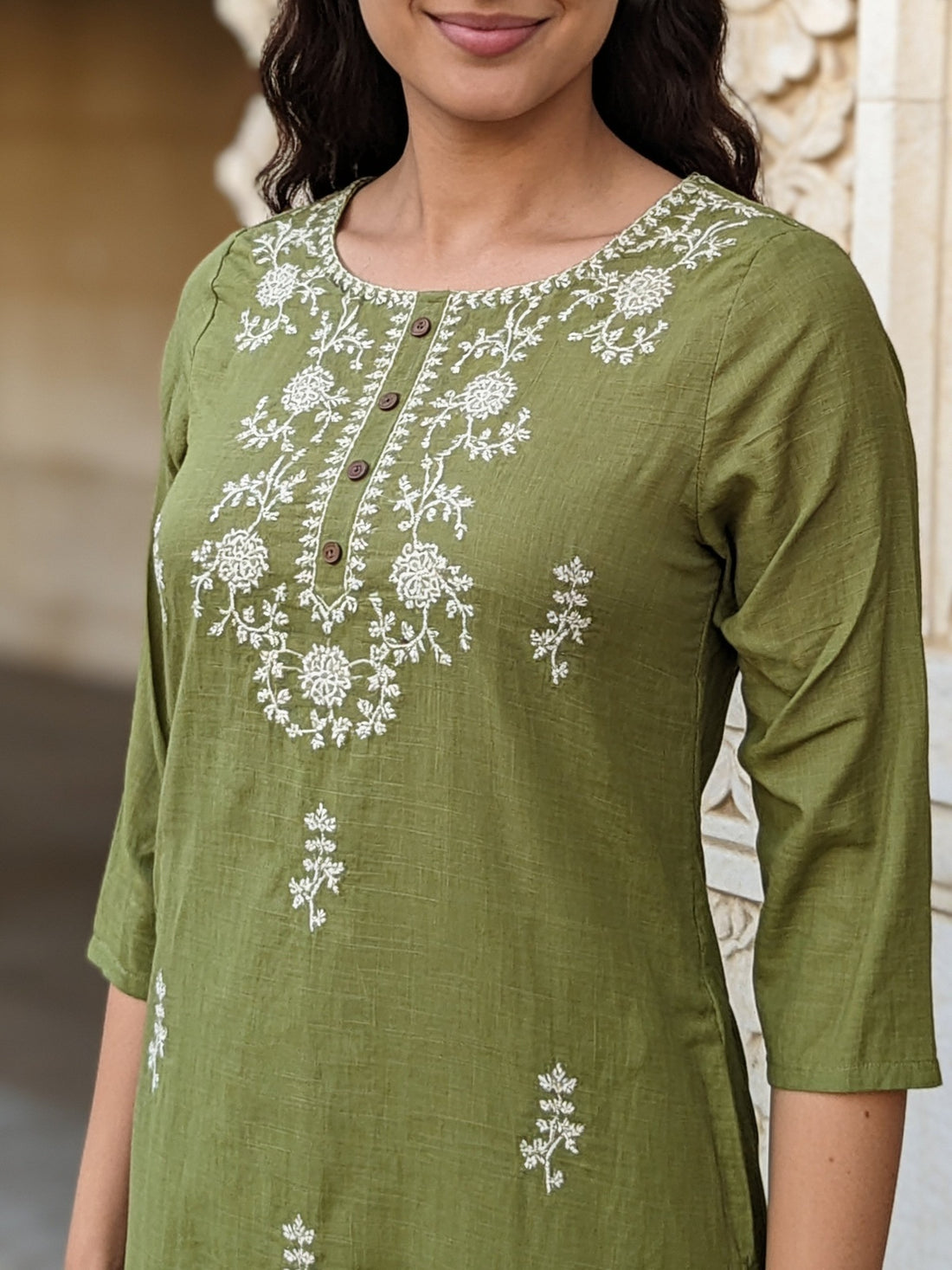 Buy Cotton Embroidered Straight Calf Length Kurta-Olive