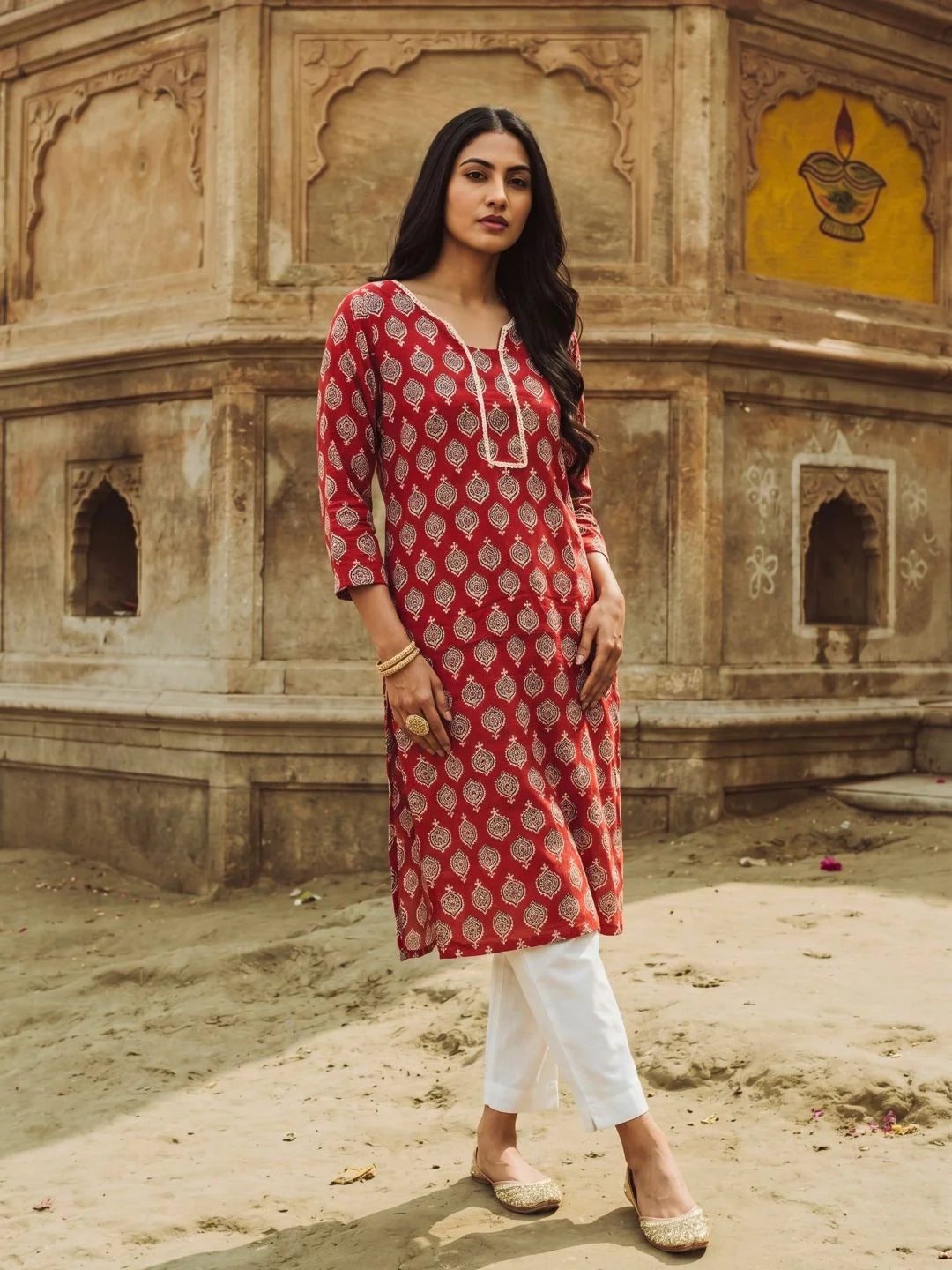Buy Red Rayon Printed Straight Knee Length Kurta-Red