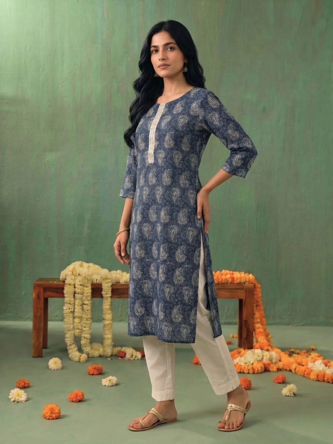 Buy Blue Rayon Printed Straight Knee Length Kurta-Blue