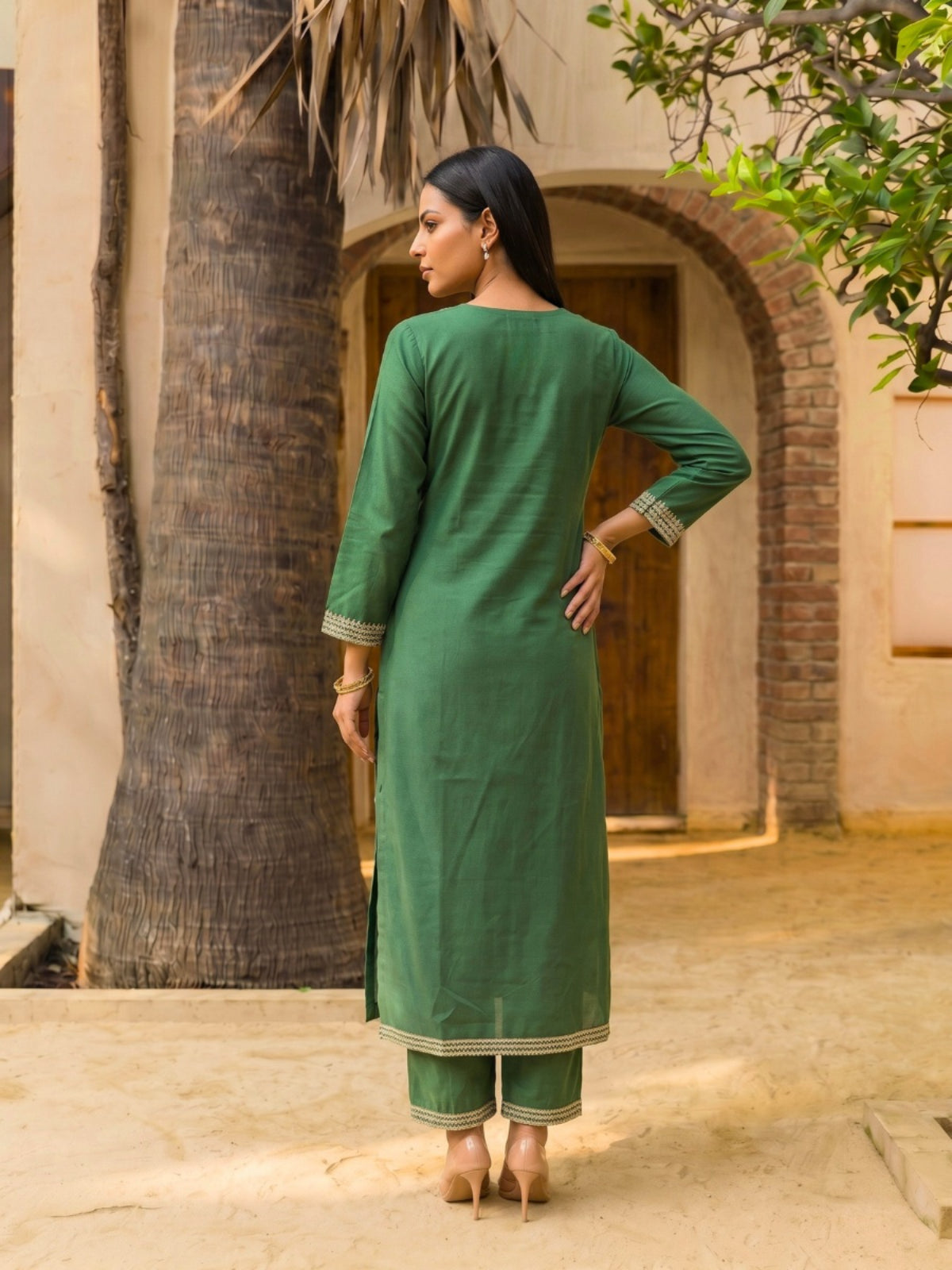 Buy Embroidered Straight Calf Length Kurta With Pant-Green