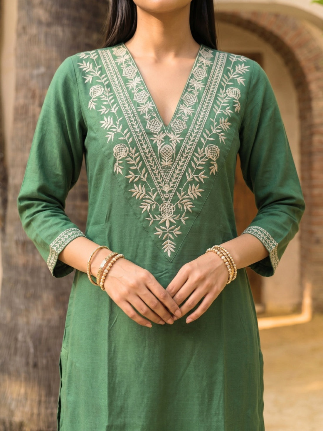 Buy Embroidered Straight Calf Length Kurta With Pant-Green