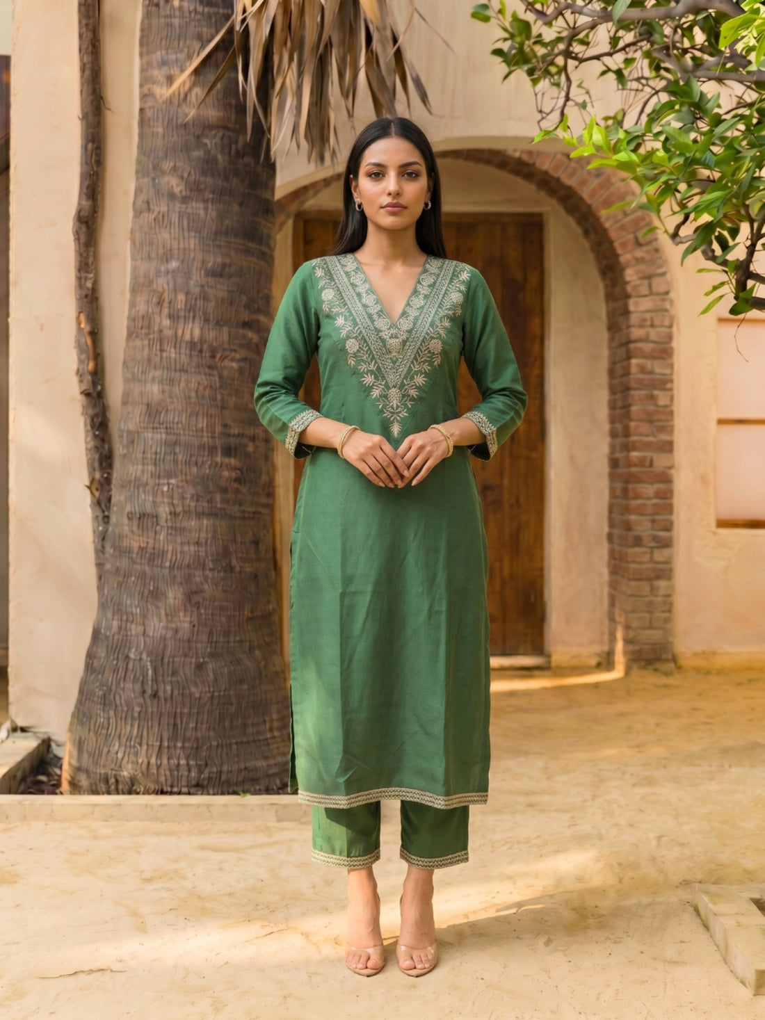 Buy Embroidered Straight Calf Length Kurta With Pant-Green