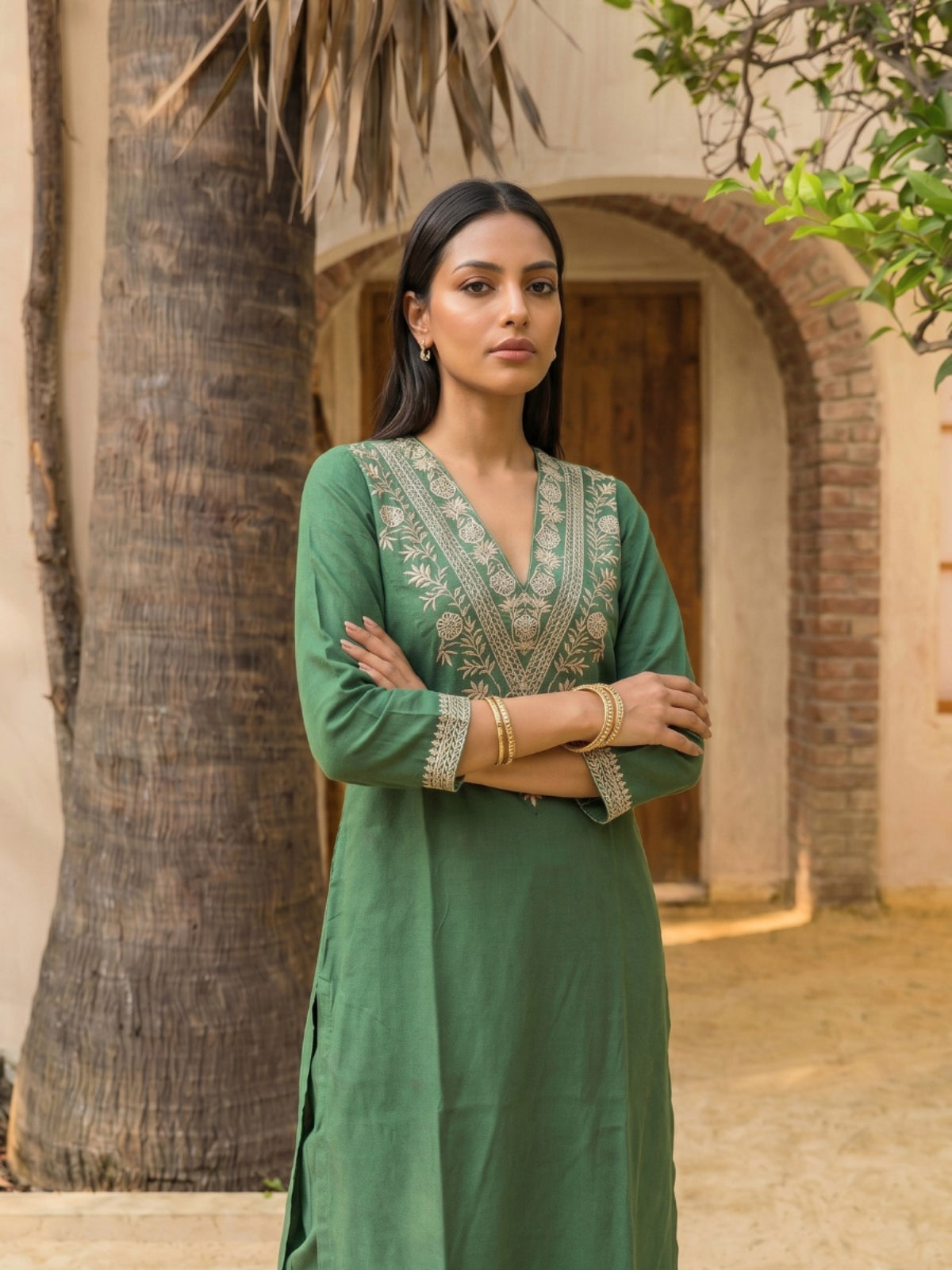 Embroidered Straight Calf Length Kurta With Pant