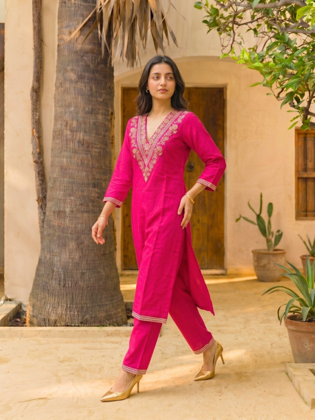 Buy Embroidered Straight Calf Length Kurta With Pant-Pink