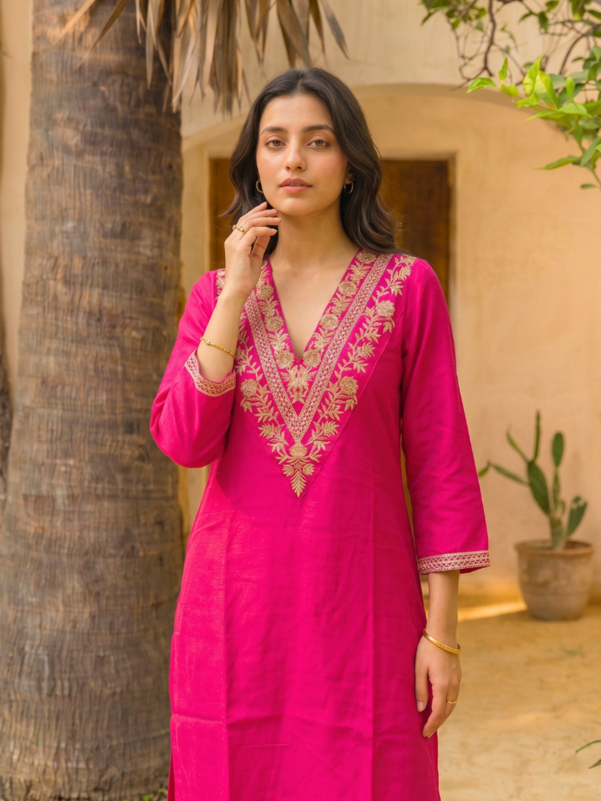 Embroidered Straight Calf Length Kurta With Pant