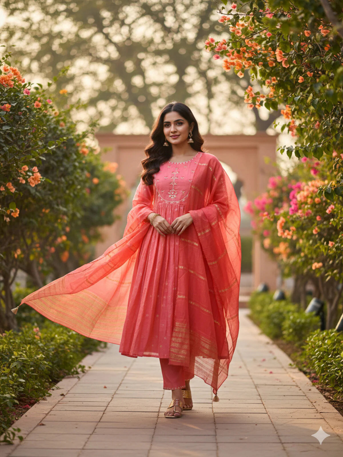 Buy Embroidered Anarkali Calf Length Kurta and Pant With Dupatta-Coral