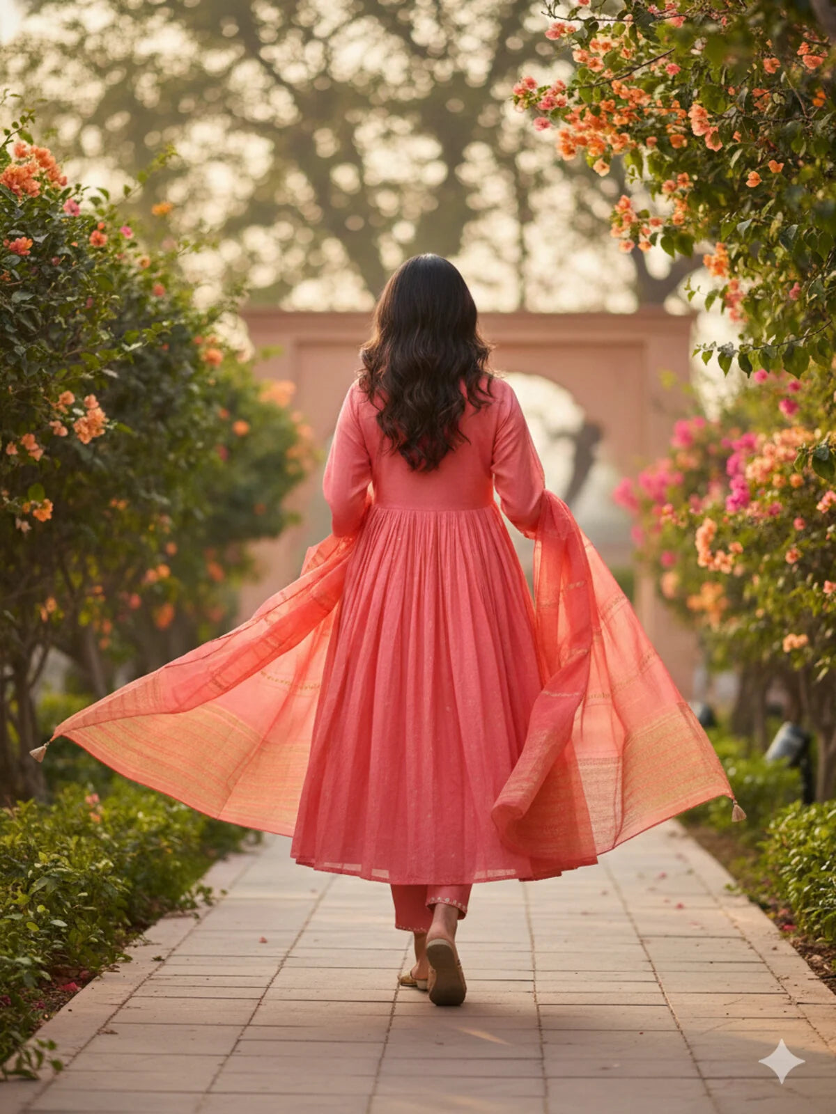 Buy Embroidered Anarkali Calf Length Kurta and Pant With Dupatta-Coral