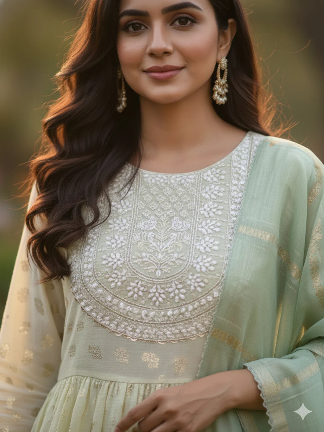 Buy Chanderi Embroidered Anarkali Calf Length Kurta and Pant With Dupatta-Light Green