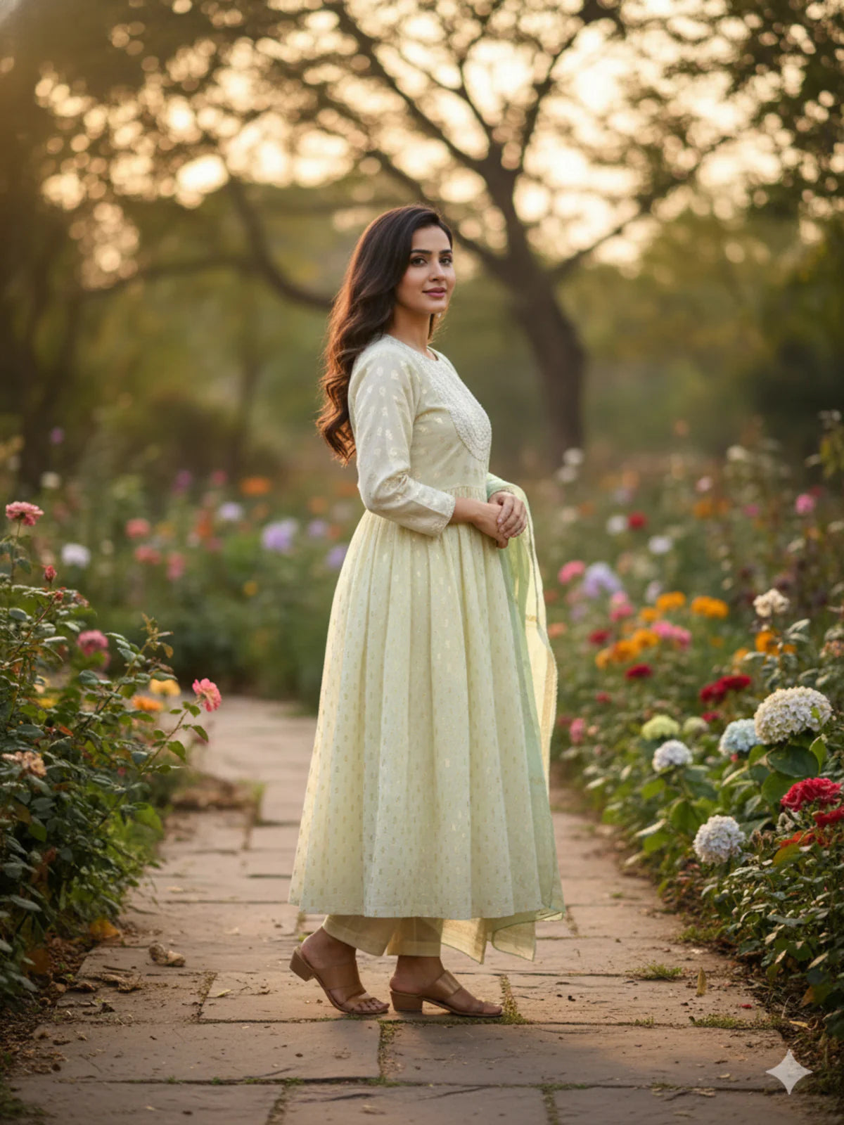 Buy Chanderi Embroidered Anarkali Calf Length Kurta and Pant With Dupatta-Light Green