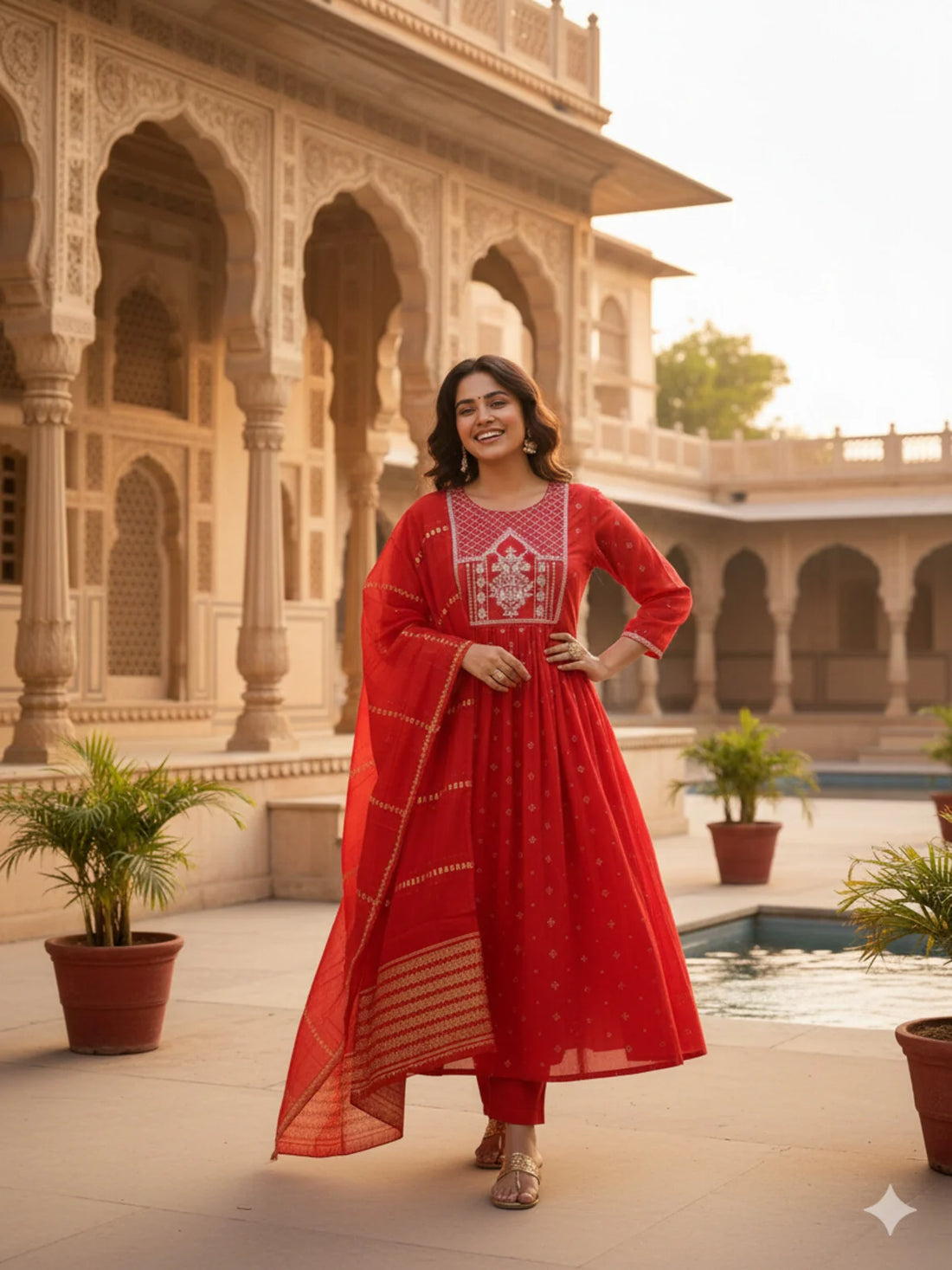 Buy Chanderi Embroidered Anarkali Calf Length Kurta and Pant With Dupatta-Red