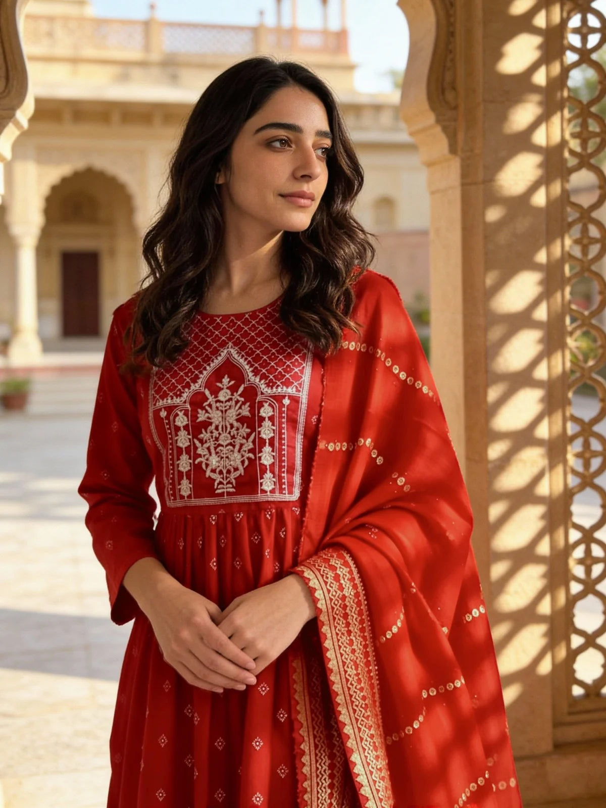 Buy Chanderi Embroidered Anarkali Calf Length Kurta and Pant With Dupatta-Red