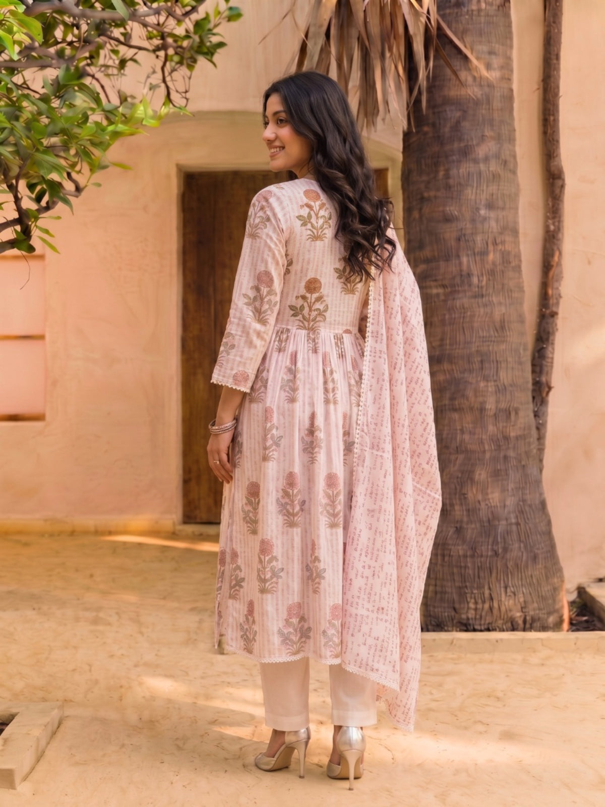 Embroidered Flared Calf Length Kurta With Pant and Dupatta