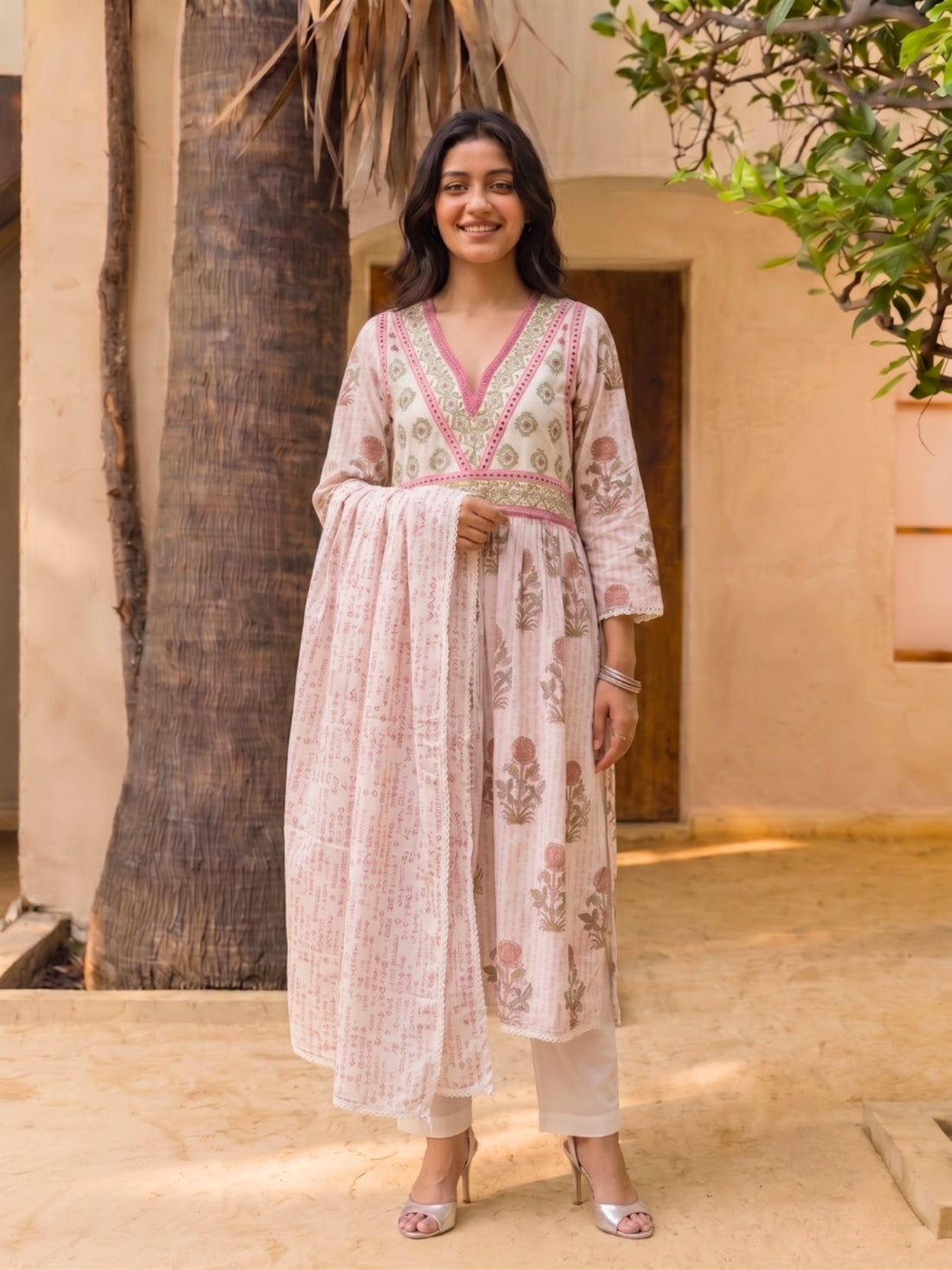 Buy Embroidered Flared Calf Length Kurta With Pant and Dupatta-Off White