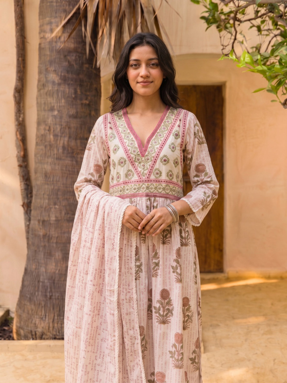 Buy Embroidered Flared Calf Length Kurta With Pant and Dupatta-Off White