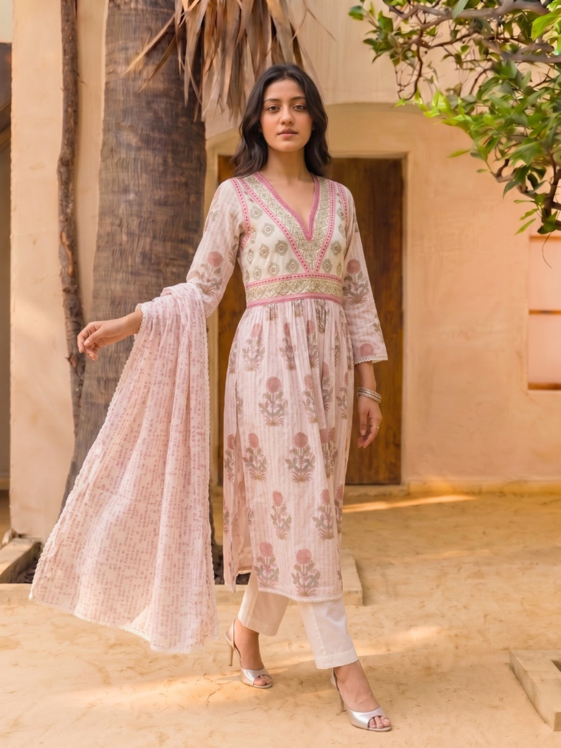 Buy Embroidered Flared Calf Length Kurta With Pant and Dupatta-Off White