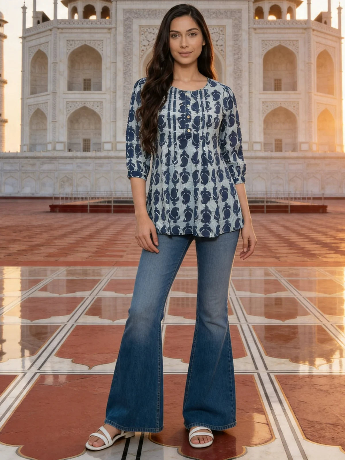 Buy Rayon Printed A-Line Short Length Short Kurta-Blue
