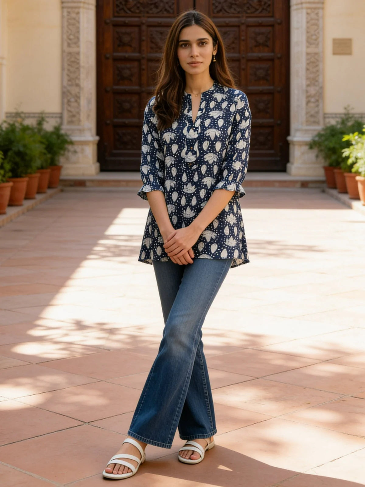 Buy RAYON Printed A-Line Short Length Short Kurta-Blue