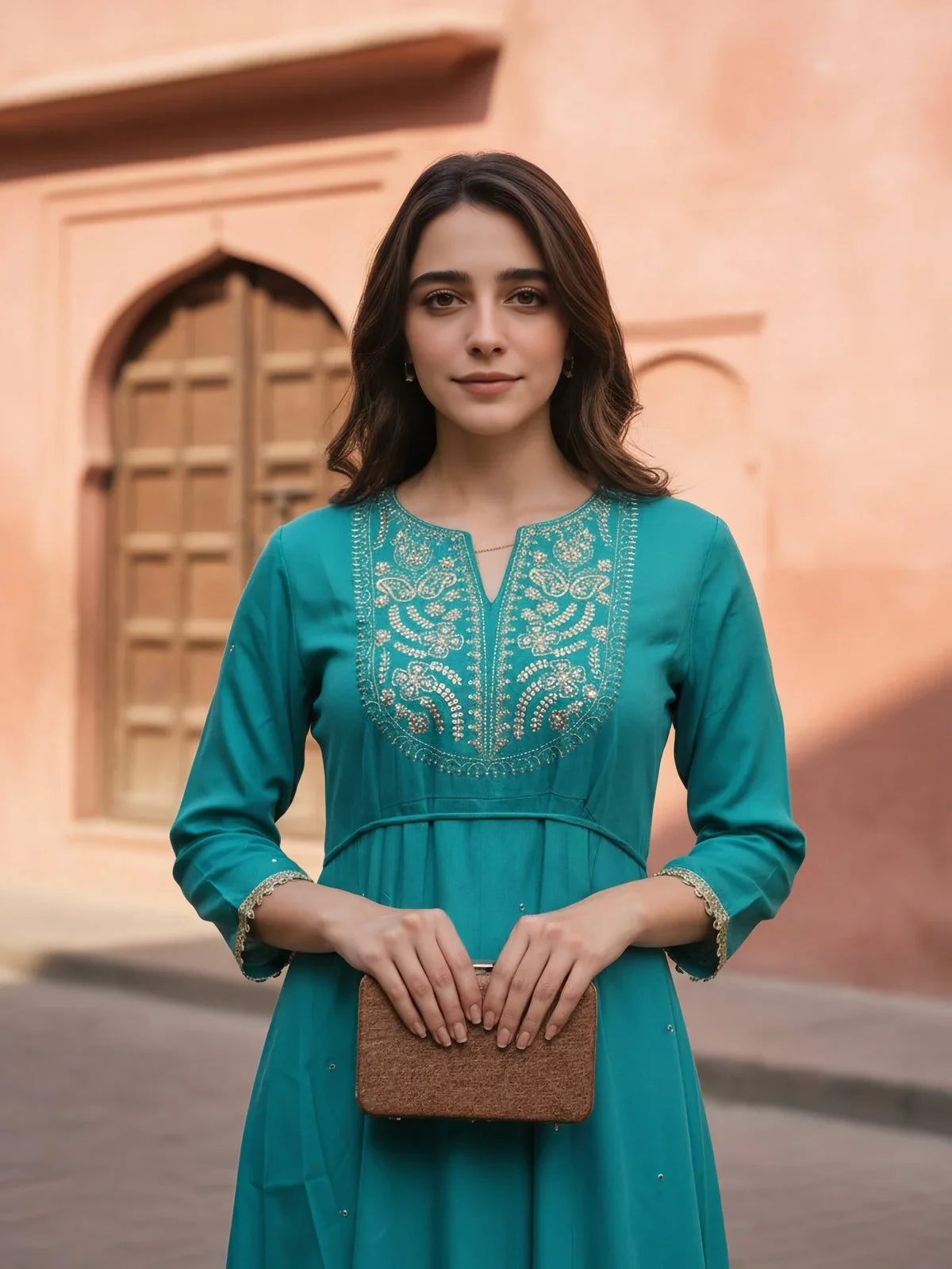 Buy Rayon Slub Embroidered Anarkali Calf Length Kurta-Turquoise