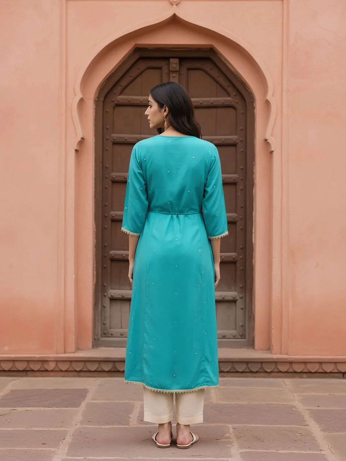 Buy Rayon Slub Embroidered Anarkali Calf Length Kurta-Turquoise
