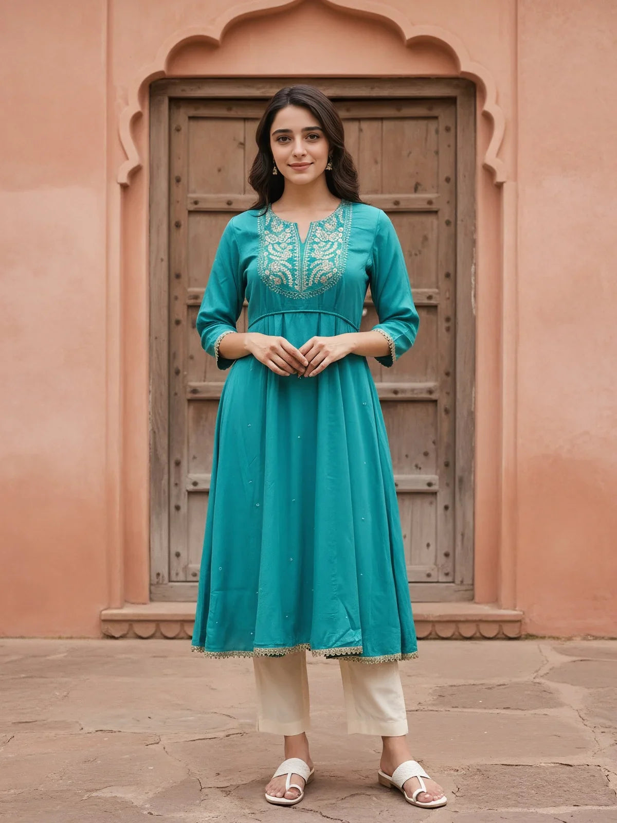 Buy Rayon Slub Embroidered Anarkali Calf Length Kurta-Turquoise