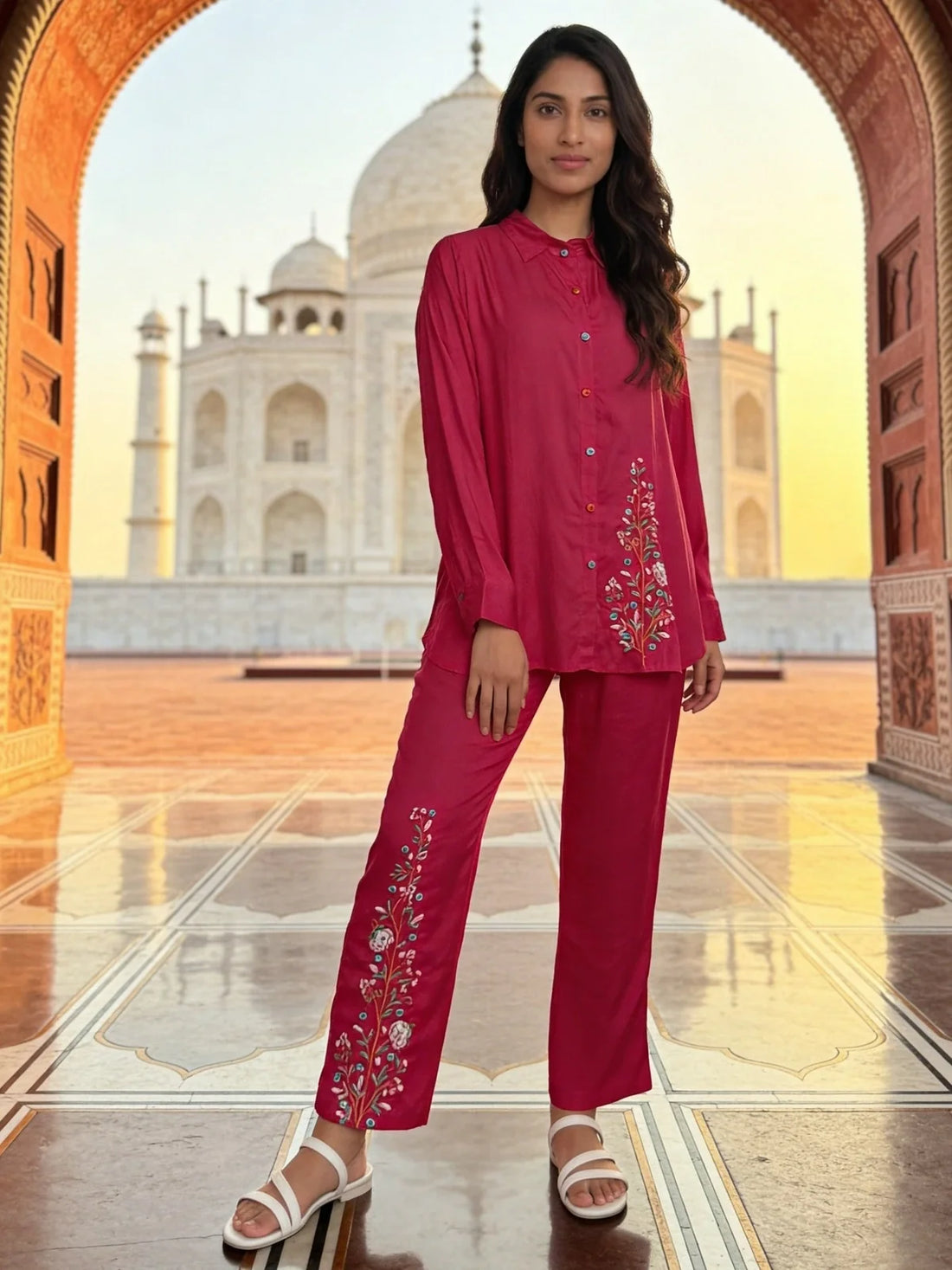 Buy Pink Rayon Embroidered A-Line Thigh Length Co-Ord Set-Pink