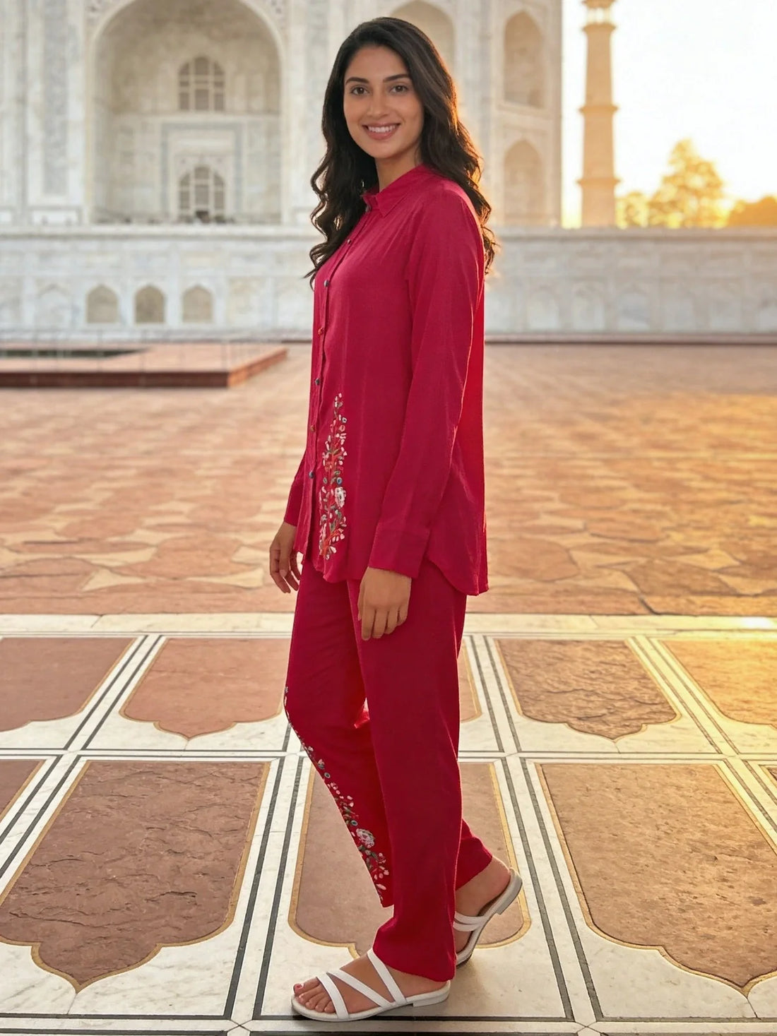 Buy Pink Rayon Embroidered A-Line Thigh Length Co-Ord Set-Pink