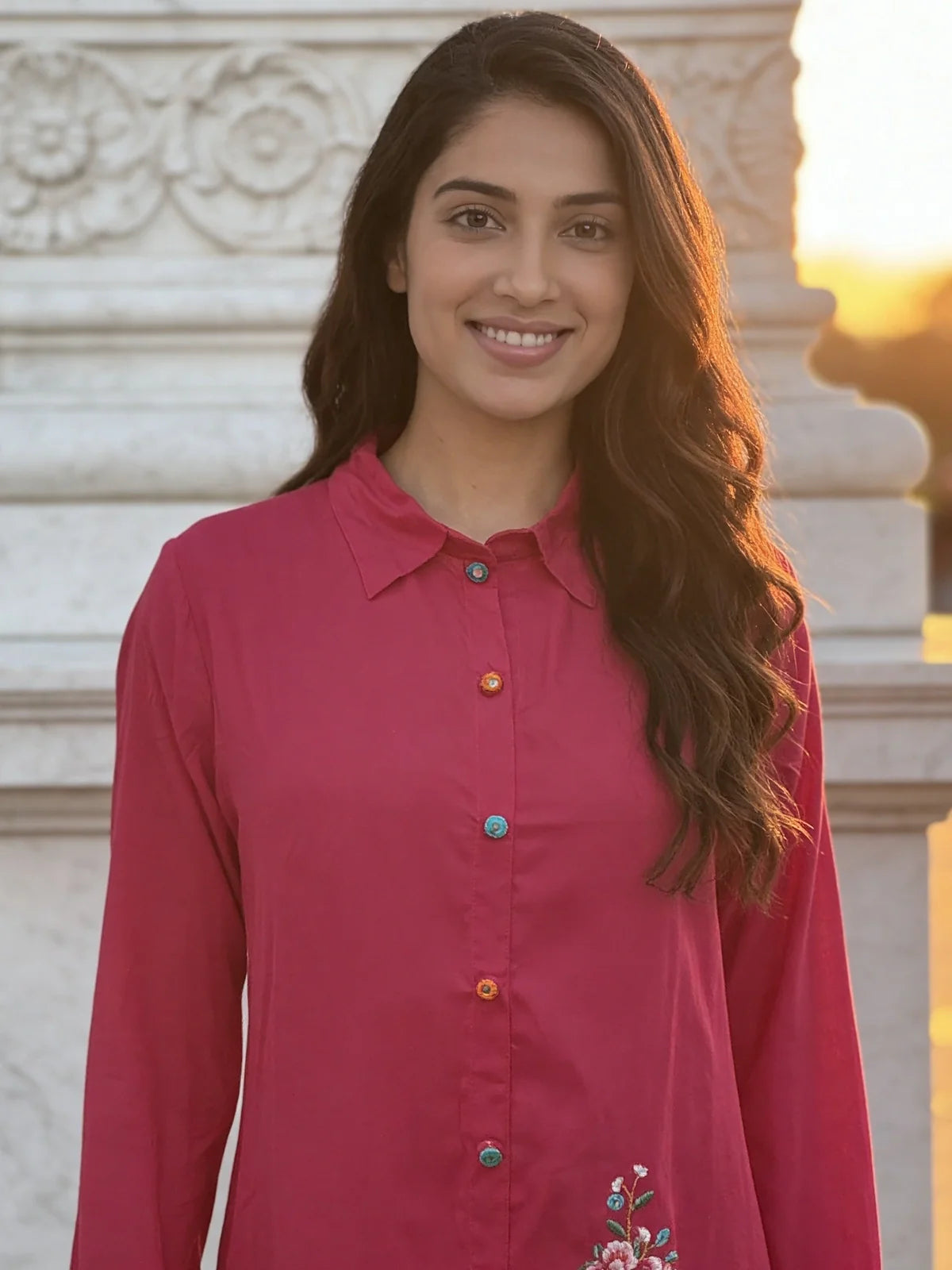 Buy Rayon Embroidered A-Line Thigh Length Co-Ord Set-Pink