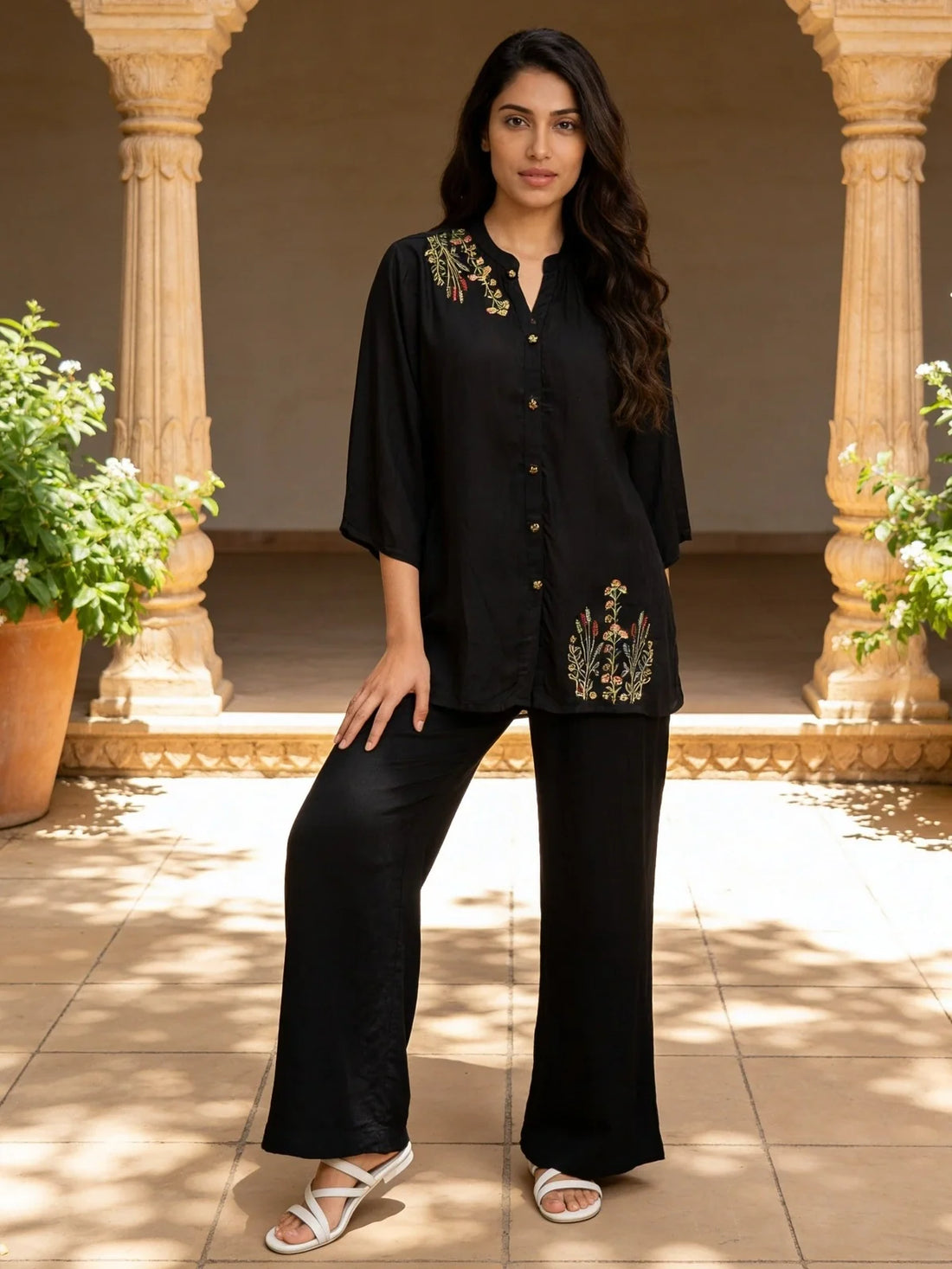 Buy Black Rayon Embroidered A-Line Thigh Length Co-Ord Set-Black