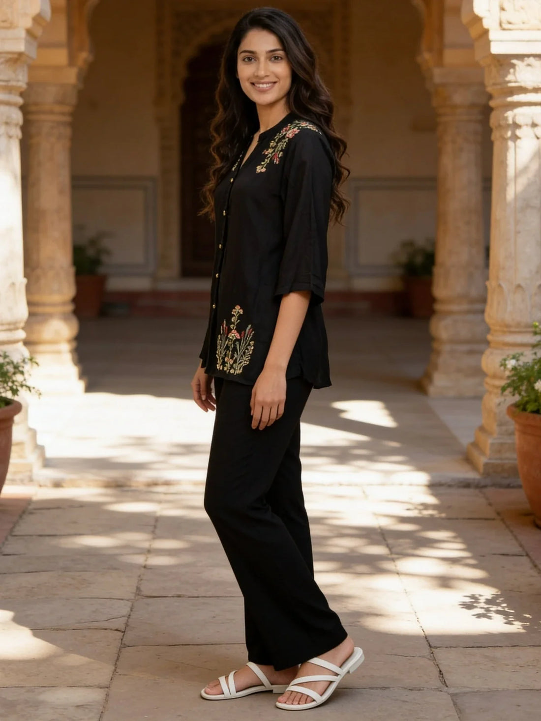 Buy Black Rayon Embroidered A-Line Thigh Length Co-Ord Set-Black