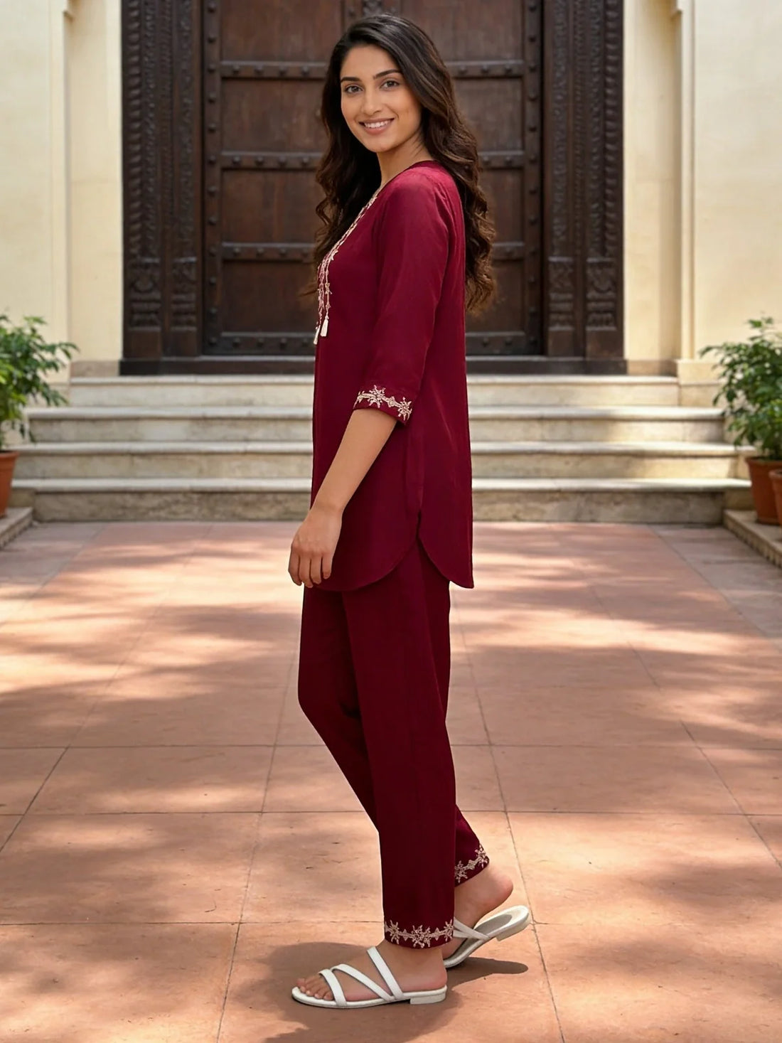 Buy Maroon Rayon Embroidered A-Line Thigh Length Co-Ord Set-Maroon
